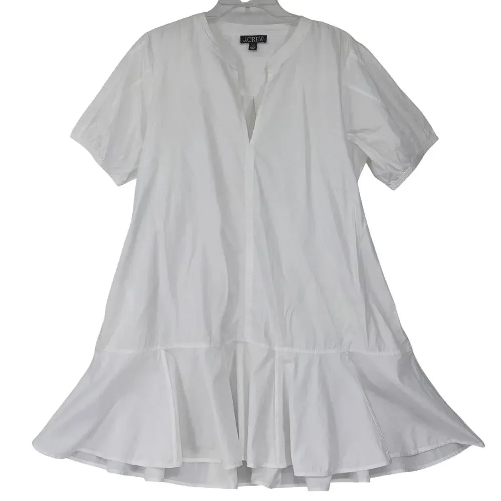 J.Crew White Cotton Poplin Delilah Puff Sleeve Ruffle Hem Mini Dress Size L